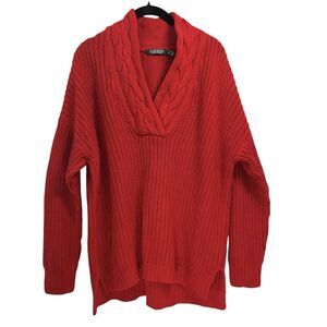 Lauren Ralph Lauren Sweater Womens Red V Neck Cable Knit Classic Christmas Sz XL